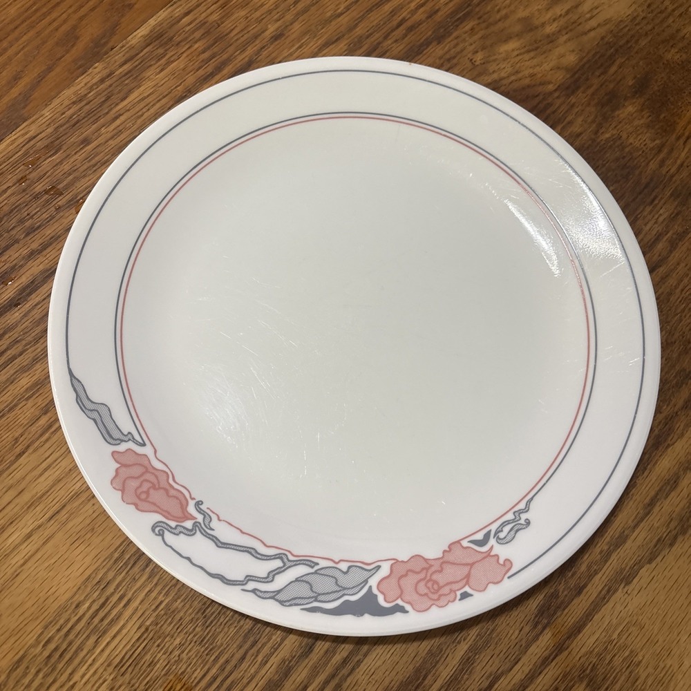 Corning Corelle Rose Duo  White w/ Red Pink Flower & Band 10‎ 1/4" Dinner Plate